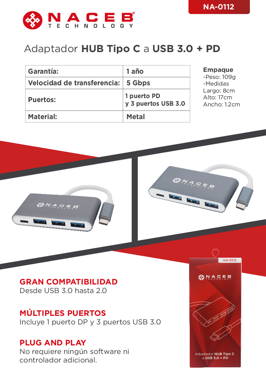 Adaptador NACEB HUB TIPO C A USB 3.0 NA-0112