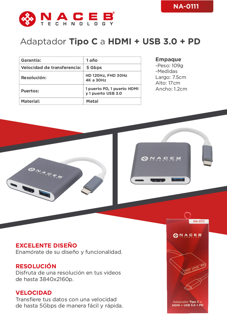 Adaptador Tipo C a HDMI + USB 3.0 + PD Naceb Technology NA-0111, Plata, USB C, HDMI + USB 3.0 + PD