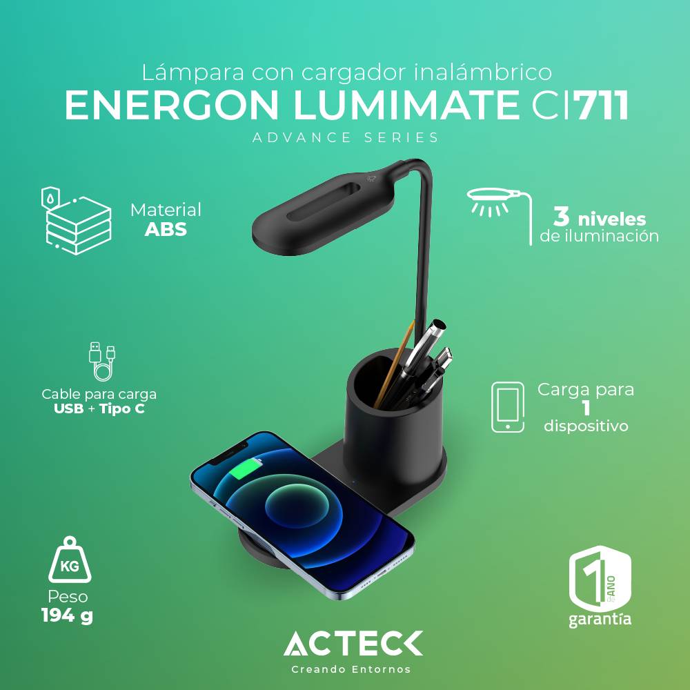 Cargador con Lampara para Escritorio ENERGON LUMIMATE CI711 Acteck