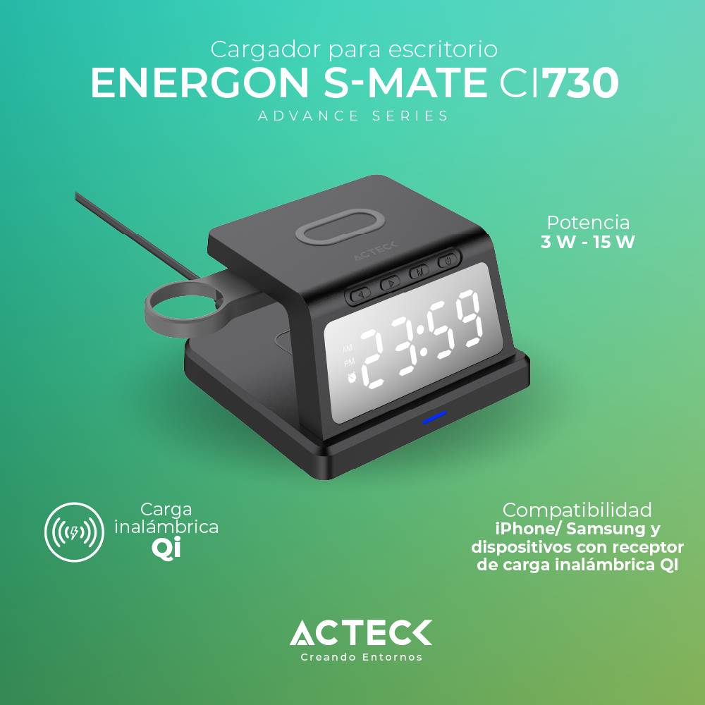 Cargador con Reloj para Escritorio ENERGON S MATE CI730 Acteck