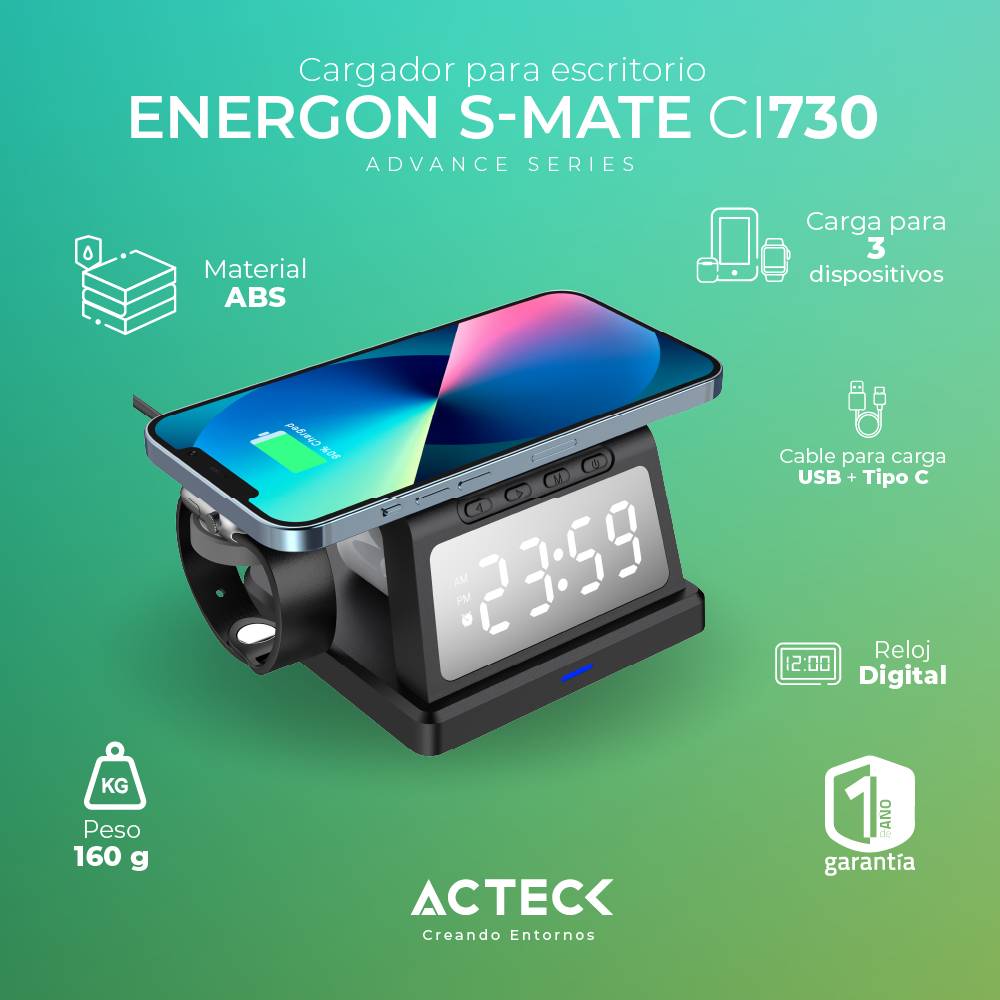 Cargador con Reloj para Escritorio ENERGON S MATE CI730 Acteck