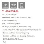 Cámara Bala IP H.265 Marca Provision (TL-320IPSR-36) Cámara Bala IP 2MP, Full-Color Lente fijo 3.6 (84.8°) mm