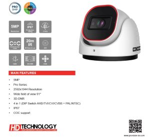Cámara Domo PRO Marca Provision (DI-350A-28), Cámara domo AHD 5 MP, TVI 5 MP / 4MP CVI, Lente Fijo 2.8 (91°) mm
