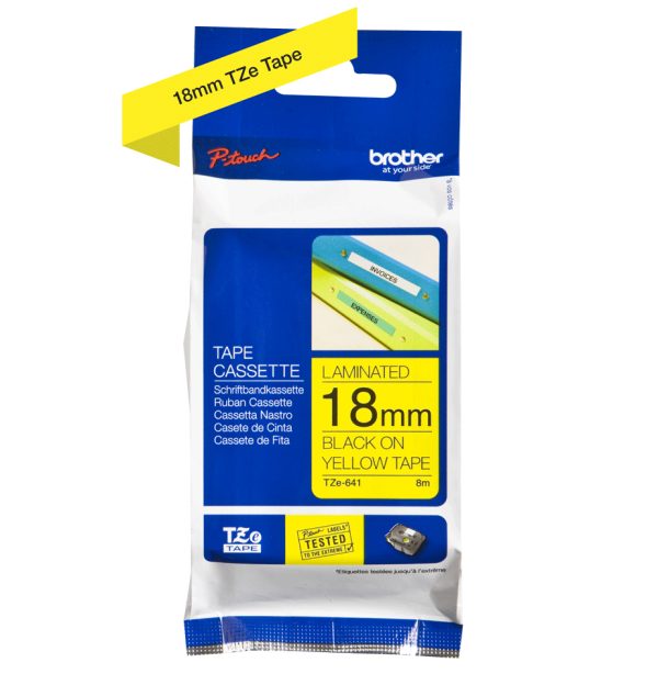 Etiqueta amarilla continua laminada Brother TZE641, de 18 mm de ancho x 8 mts de largo. Impresión en negro.