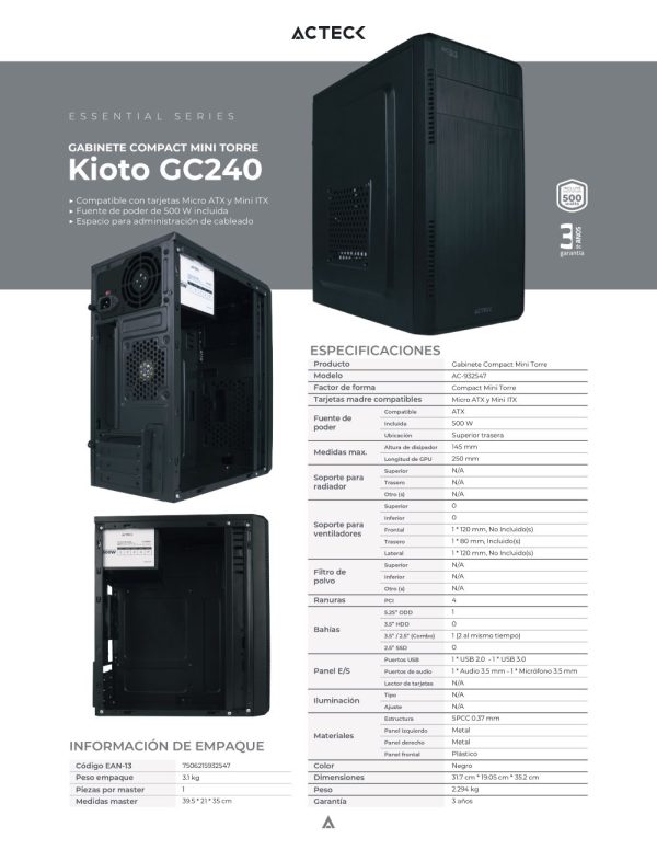 Gabinete ACTECK GI240 KIOTO ESSENTIAL SERIES, Gabinete Micro ATX, Mini ITX, Negro, 500 W