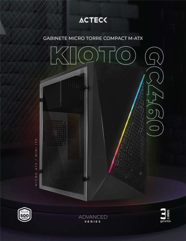 Gabinete ACTECK KIOTO GC460 RGB ESSENTIAL, Gabinete, Micro-ATX, Mini-ITX, Negro, 500 W