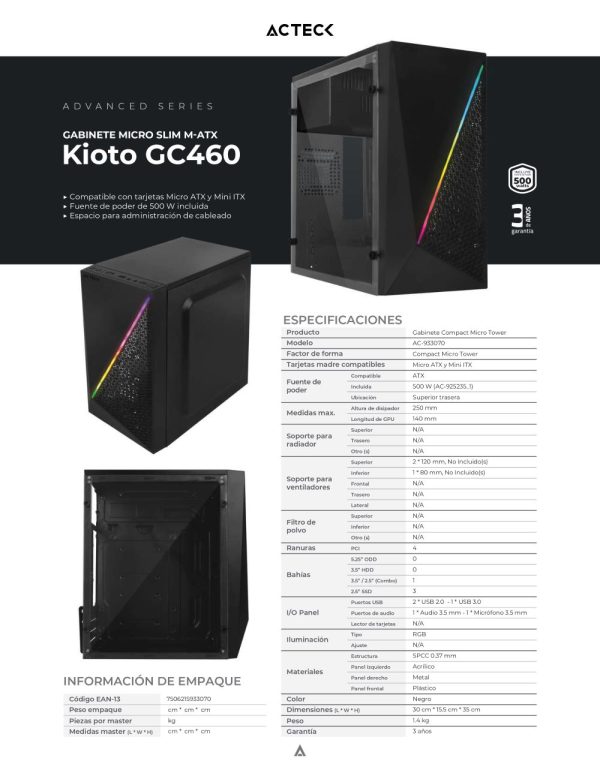 Gabinete ACTECK KIOTO GC460 RGB ESSENTIAL, Gabinete, Micro-ATX, Mini-ITX, Negro, 500 W
