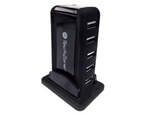 Hub TechZone, 7 puertos USB 2.0, color negro con fuente de poder para el incremento de tasa de transferencia, 1 año de garantía.