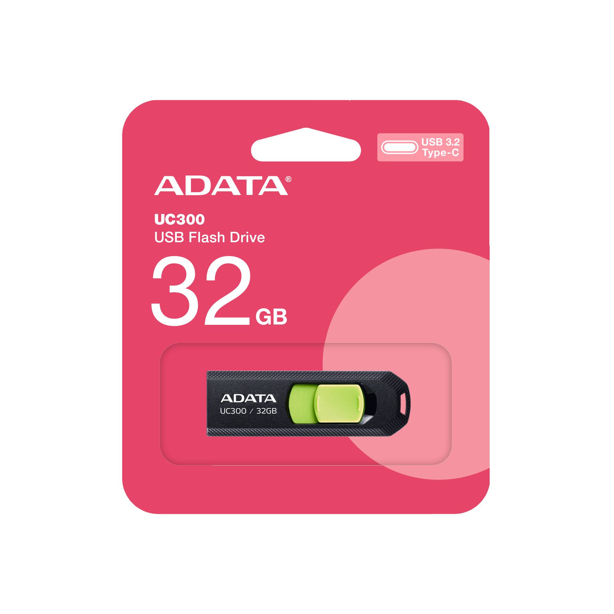 Memoria USB 3.2 Gen 1 Tipo C 32GB UC300, Conector deslizable sin tapa. Plastico, color NEGRO-VERDE ACHO-UC300-32G-RBK/GN