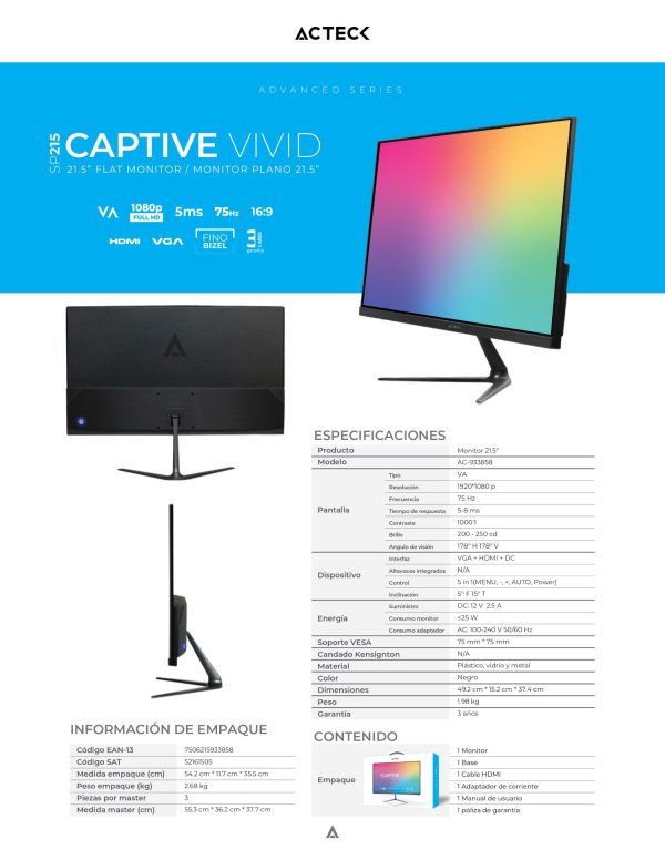 Monitor ACTECK Captive Vivid SP215, 21.5 pulgadas, 250 cd / m², 1920 x 1080 Pixeles, 5-8 ms, Negro