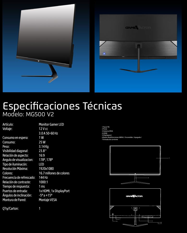 Monitor GAME FACTOR MG500 v2 23.8 Pulgadas 144Hz, 1ms, DP, HDMI, FrameLess, Negro