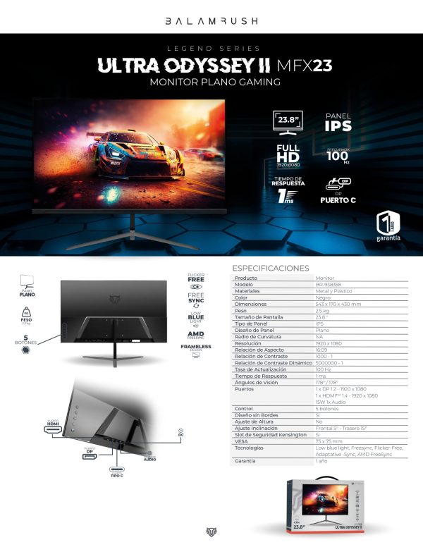 Monitor Gaming 23.8 pulgadas 100hz Ultra Odissey II MFX23 Balam Rush Low blue light