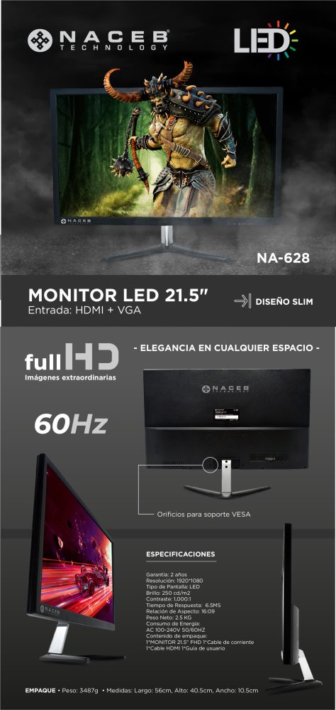 Monitor Naceb Technology NA-628, 21.5 pulgadas, 1920 x 1080 Pixeles, Negro 1 Año de Garantía con CT