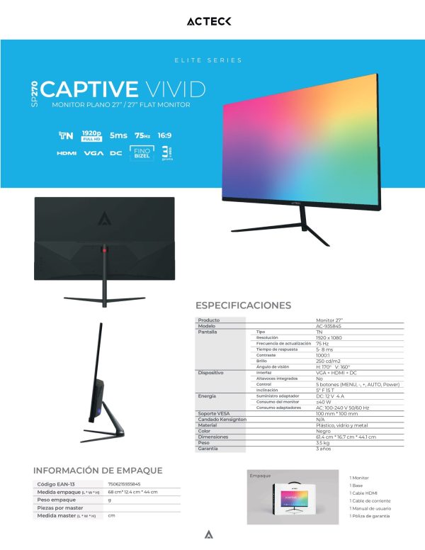 Monitor plano 27 pulgadas Captive Vivid SP270 Elite Series