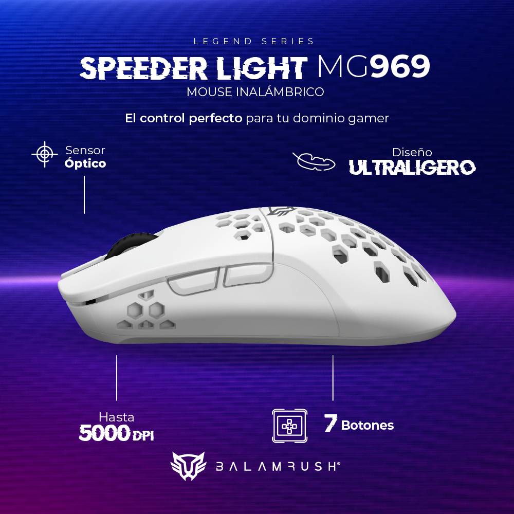 Mouse Gamer Inalámbrico Ultra ligero Speed Light MG969 Balam Rush Conexiones Bluetooth, 2.4ghz y USB, 7 Botones, Scroll tipo HUANO, DPI 800 a 5000. Ilumina