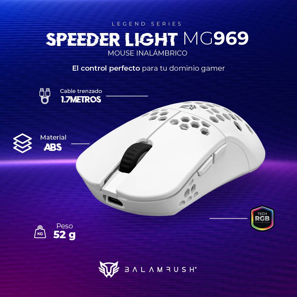 Mouse Gamer Inalámbrico Ultra ligero Speed Light MG969 Balam Rush Conexiones Bluetooth, 2.4ghz y USB, 7 Botones, Scroll tipo HUANO, DPI 800 a 5000. Ilumina