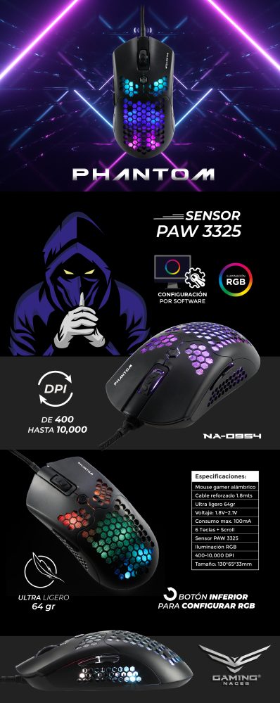 Mouse Gamer Naceb Technology Phantom, 6 Botones + Scroll, USB, 400-10000 DPI, Iluminación RGB, Sensor PAW3325, Cable Reforzado 1.8mts