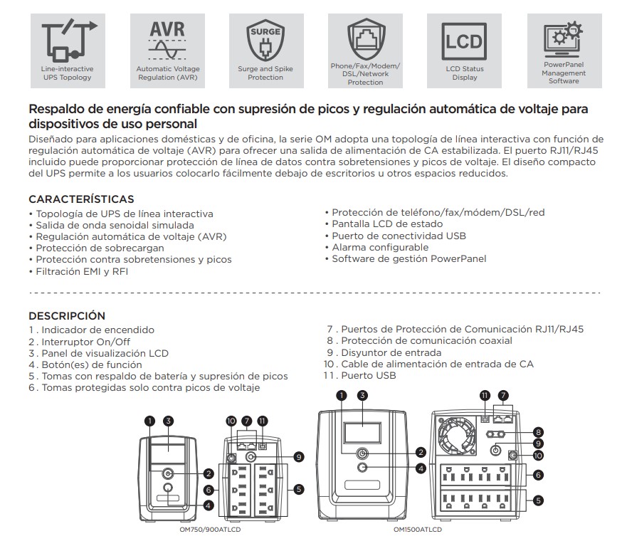 No-Break CyberPower OM750ATLCD, 750 VA, 375 W, 8 h, Negro
