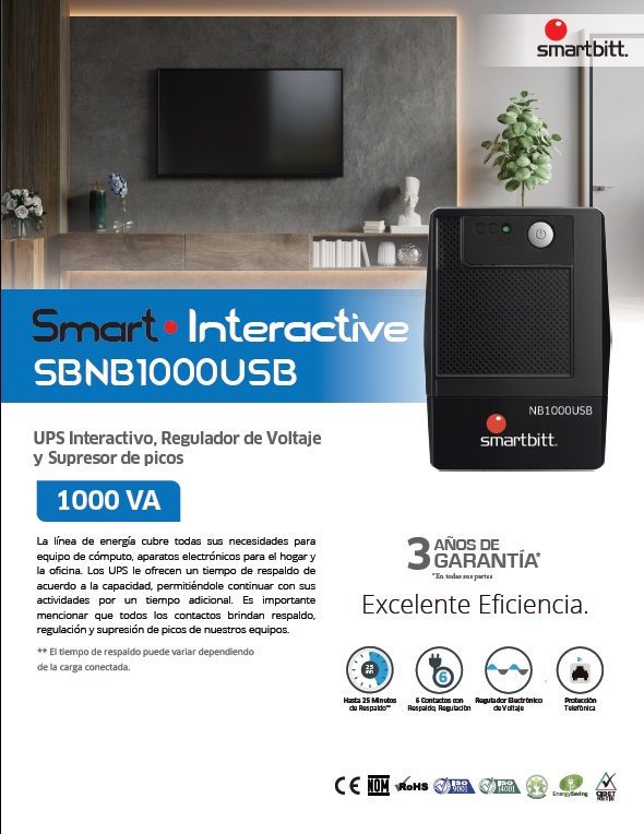 No-Break SMARTBITT SBNB1000USB, 1000 VA, 500 W, Negro, Hogar y Oficina