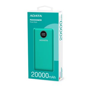PowerBank ADATA P20000QCD, 20,000 mAh. Compatible con Qualcomm QC 3.0 y USB Power Delivery 3.0. indicador digital de carga y 2 puertos USB-A y 1 USB-C