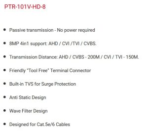 Video Balum Pasivo para cámaras Marca Provision (PTR-101V-HD+), AHD 8/5/4MP- 4 en 1 soporta: CVI /TVI /