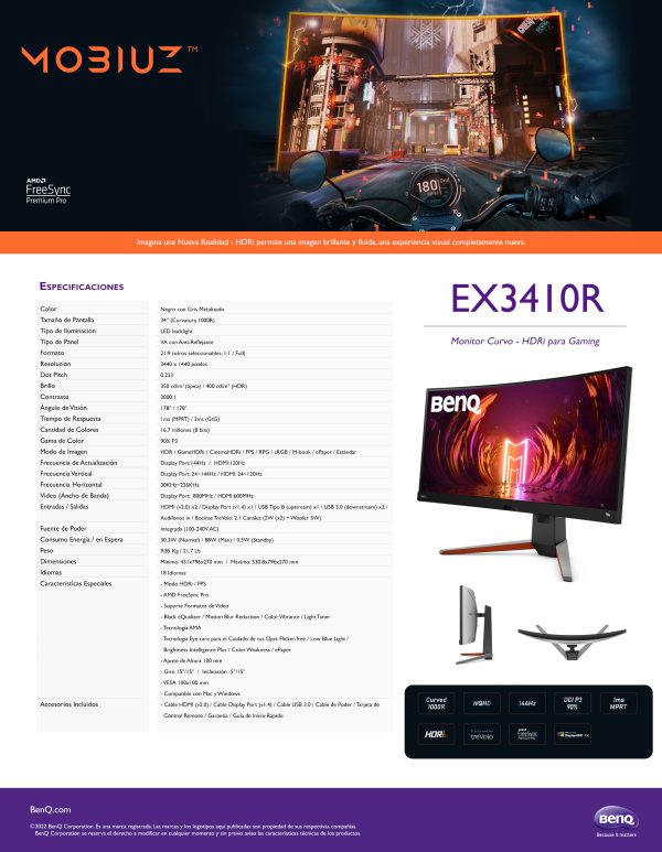 Monitor BENQ EX3410R , 34 pulgadas, 350 cd / m², 3440 x 1440 Pixeles, 1 ms, LED