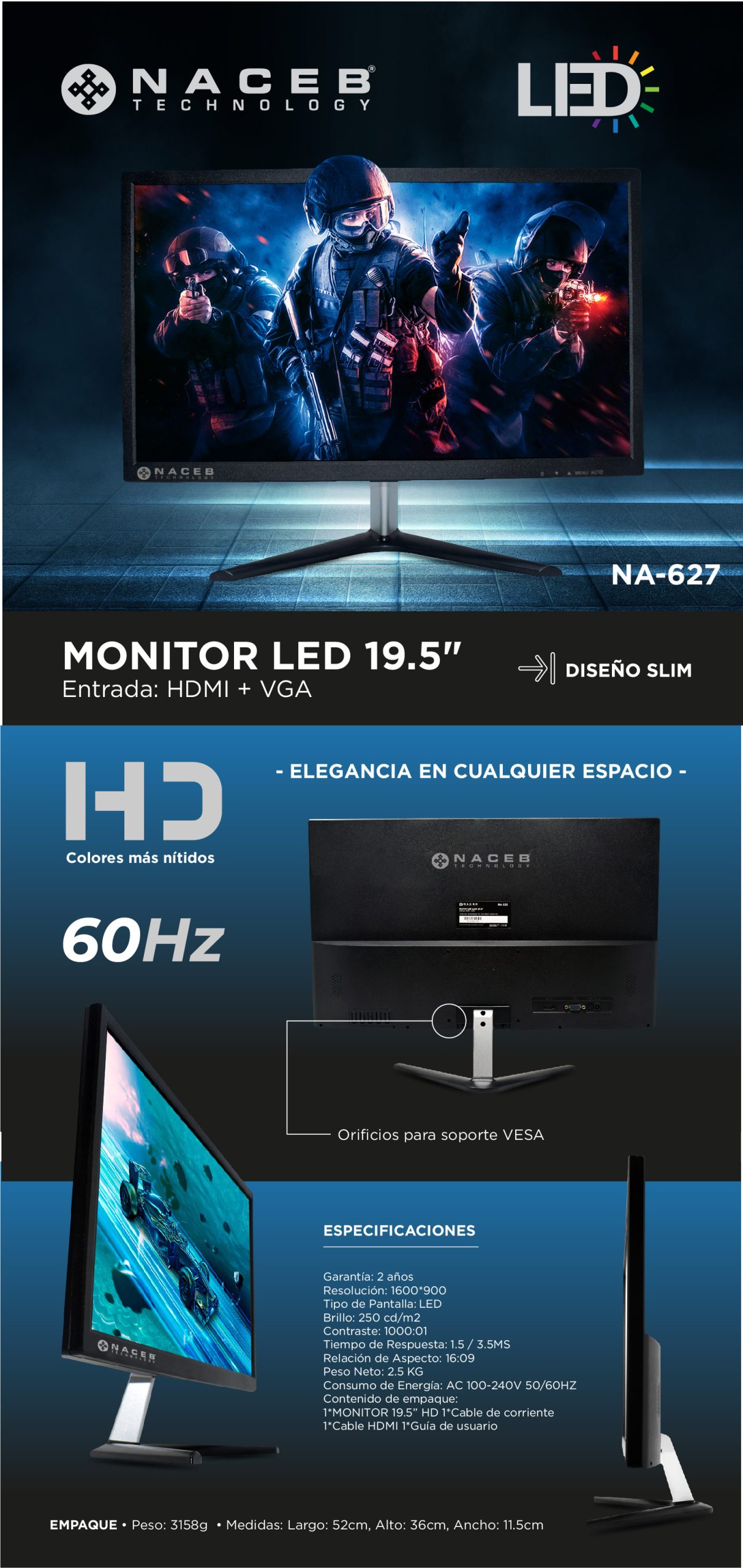 Monitor Naceb Technology NA-627, 19.5 pulgadas, 1440 x 900 Pixeles, Negro, HDMI + VGA 1 Año de Garantía con CT