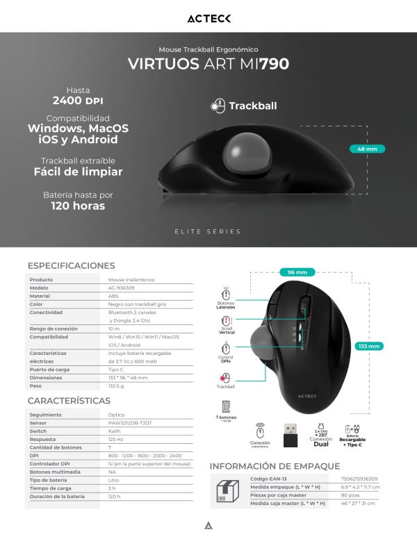 Mouse Trackball Ergonómico VIRTUOS ART MI790 Acteck