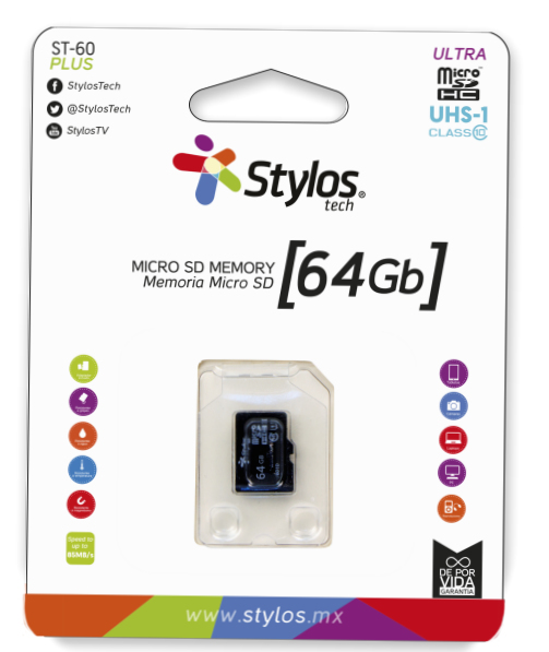 Memoria Micro SD 64GB S/A Stylos. STMSDS4B