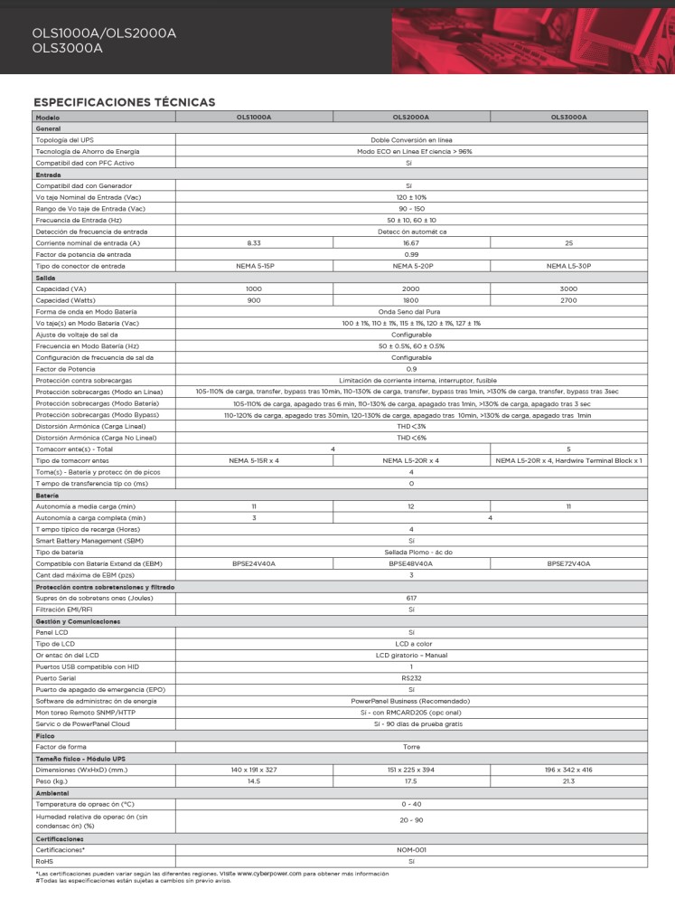 No-break CyberPower OLS3000A, 3000 VA, 2700 W, Negro