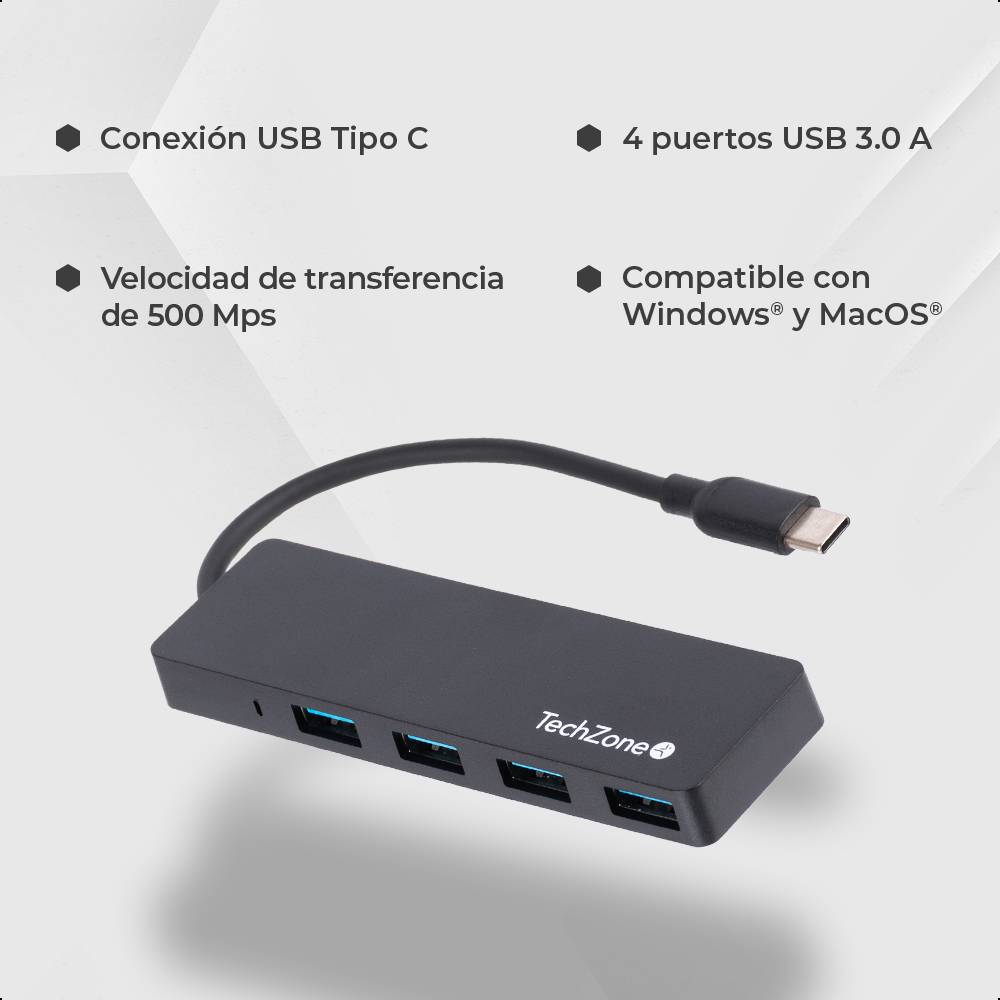 Hub TZACHB01 TechZone CONNECT HUB 3.0 4 EN 1 USB 3.0 , color negro, conexión USB tipo C