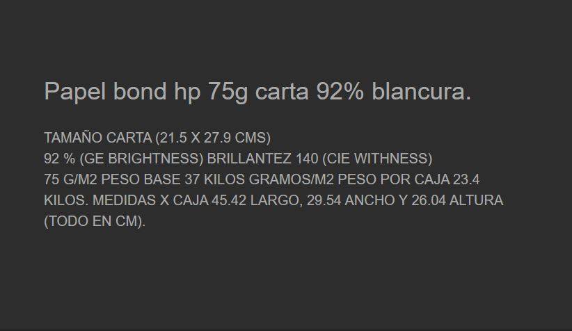 Papel tamaño carta color blanco marca HP 764025932868 75gr 92% blancura 10 resmas con 500 hojas cada una