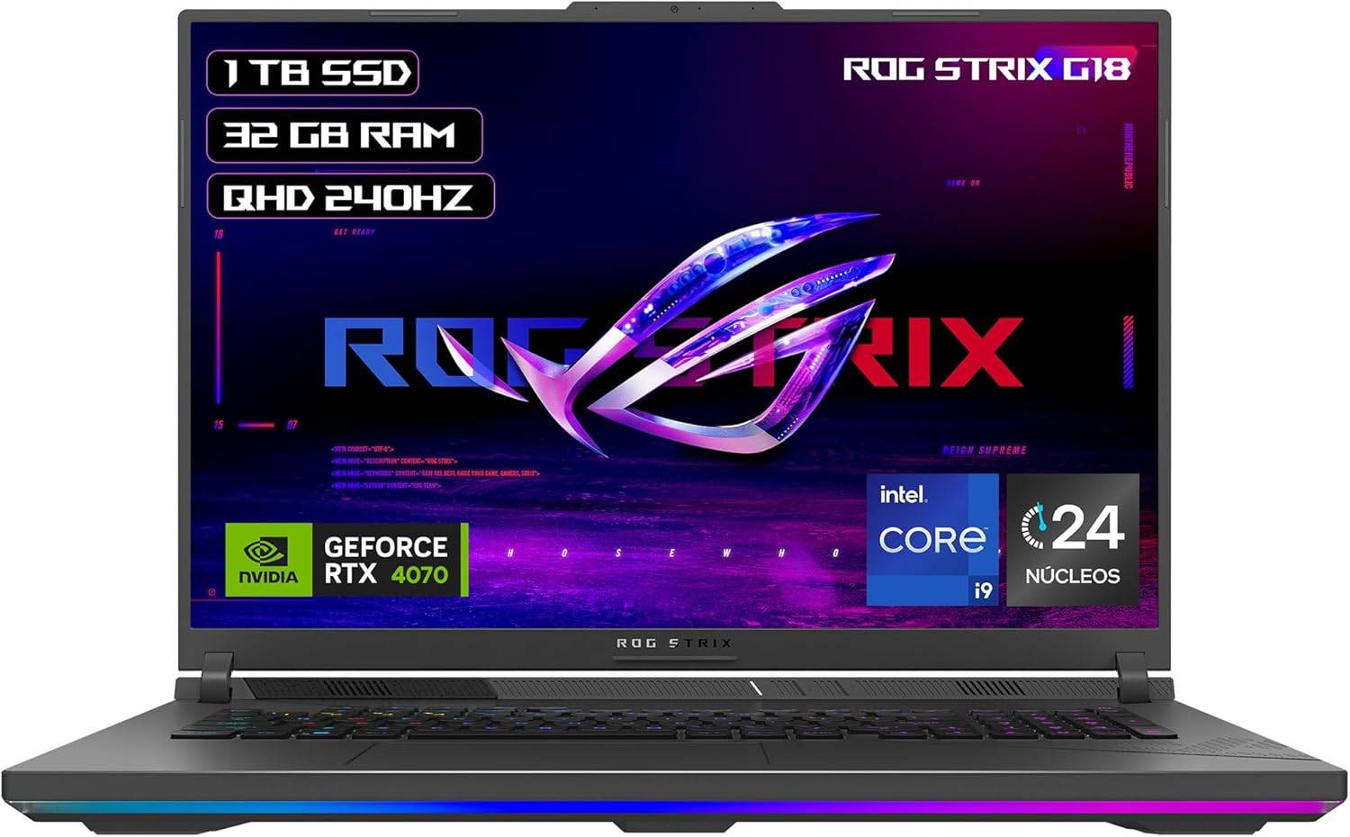 ASUS Laptop Gamer ROG Strix G18 - G814JIR-N6042X Intel Core i9-14900HX NVIDIA RTX 4070 32GB RAM 1TB SSD/Gris/Teclado en Español (Garantía en México)