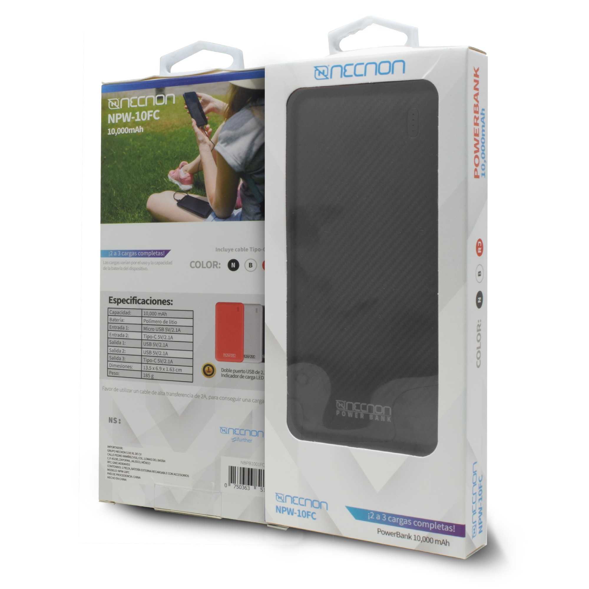 Power Bank NPW-10FC Necnon 10000mAh Carga 2.1A 2 A 3 Cargas