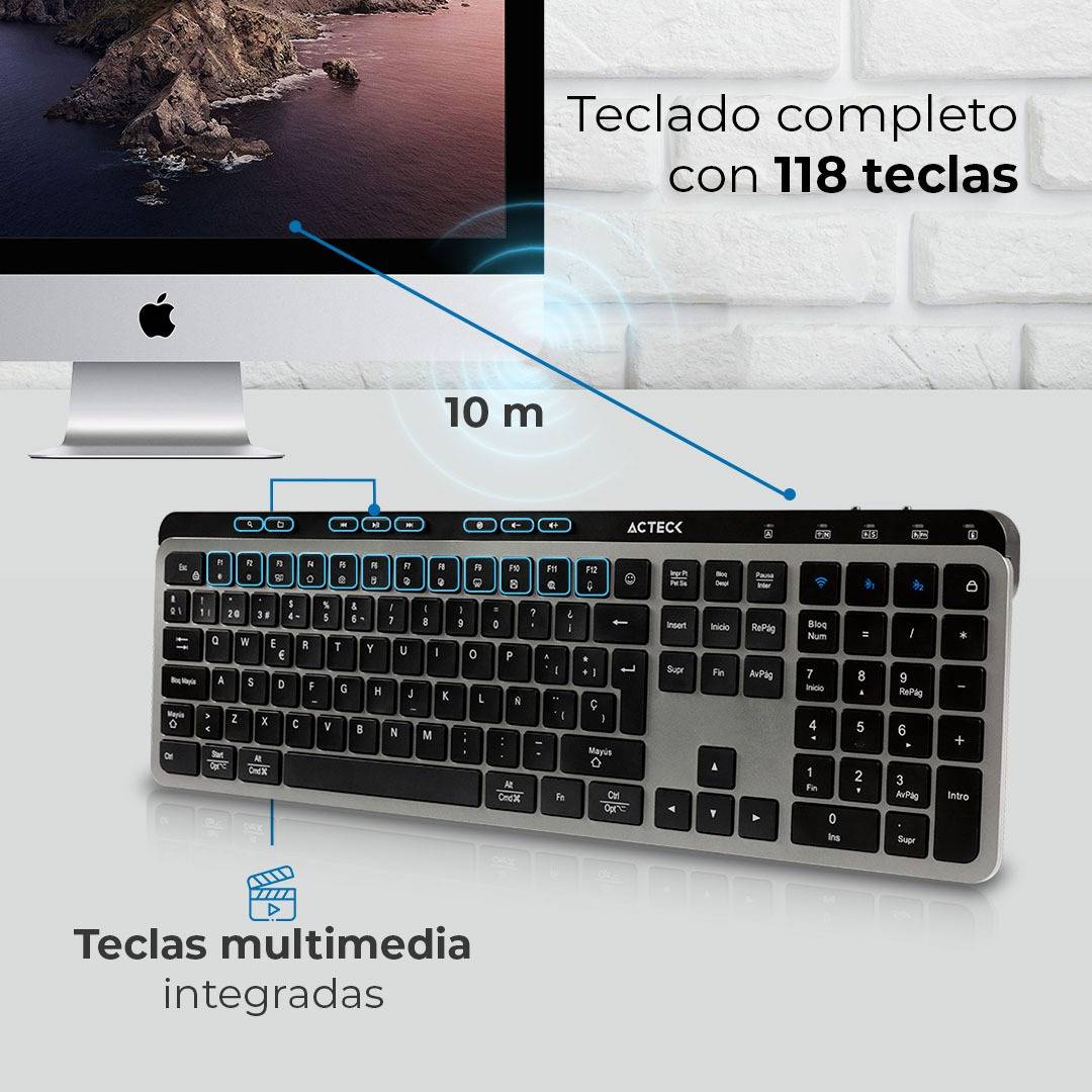 Teclado Inalámbrico 2.4hz Inspire Krea TI755 Acteck Elite Series Teclado Inalámbrico Dongle 2.4Mhz, Rango 10m, Bluetooth 5.1, USB A- USB C, 3 Dispositivos
