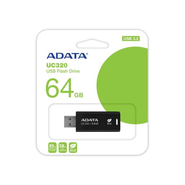 Memoria USB de 64GB UR320 3.2 Gen 1 (retro compatible 3.0 y 2.0), diseño material reciclado sin tapa. Color negro. UC320-64G-RBK/BK