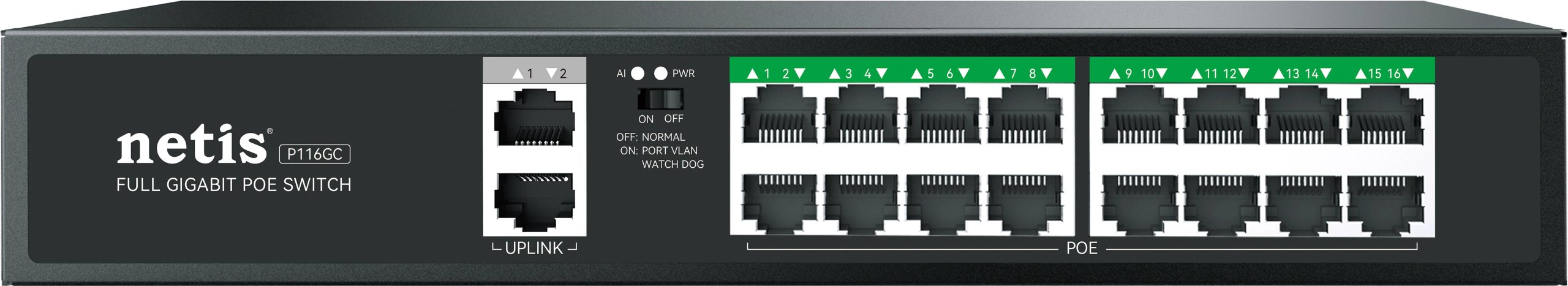 Netis Switch POE P116GC, 16 Puertos POE y 2 Puertos Uplink, 225W,1000 Mbps,IA Watch Dog, Plug & Play,250 metros de alcance en transmisión,No Administrable