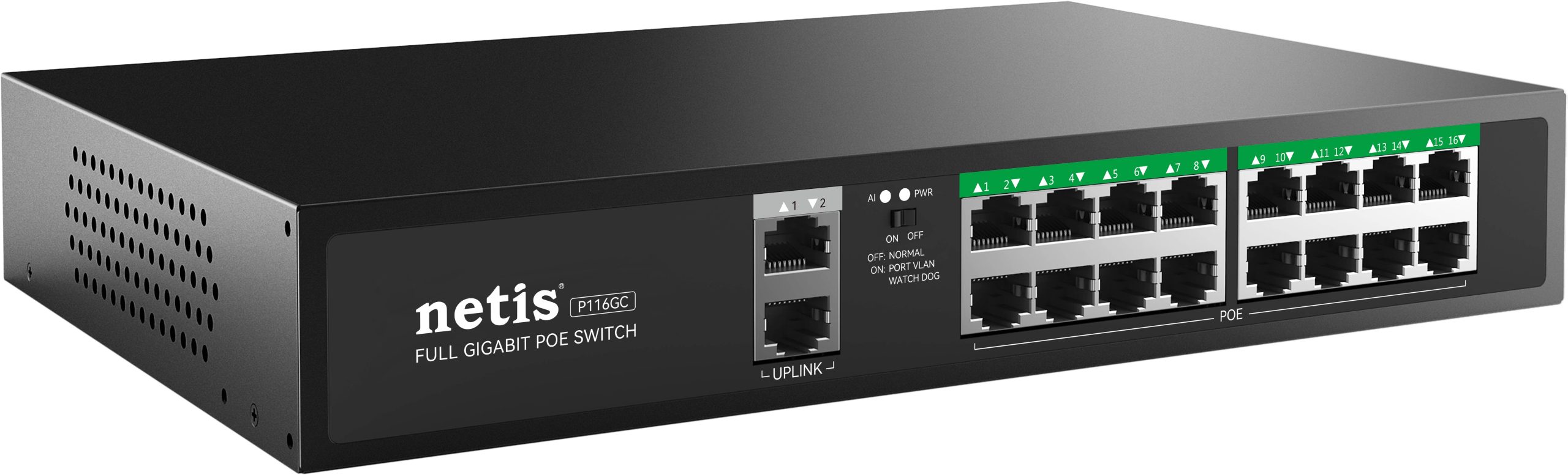 Netis Switch POE P116GC, 16 Puertos POE y 2 Puertos Uplink, 225W,1000 Mbps,IA Watch Dog, Plug & Play,250 metros de alcance en transmisión,No Administrable