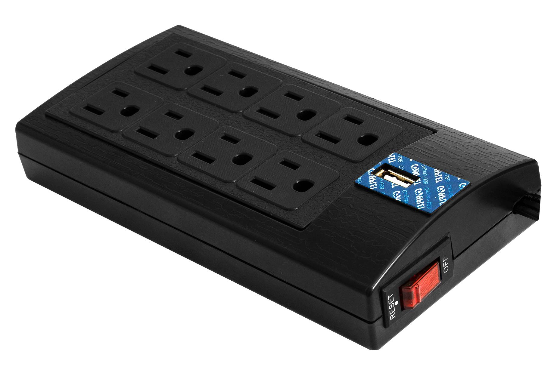 Supresor de Picos 504 Joule COMPLET BRC-1-005. 8 contactos Nema 5-15R y un Puerto USB. Garantía 60 meses