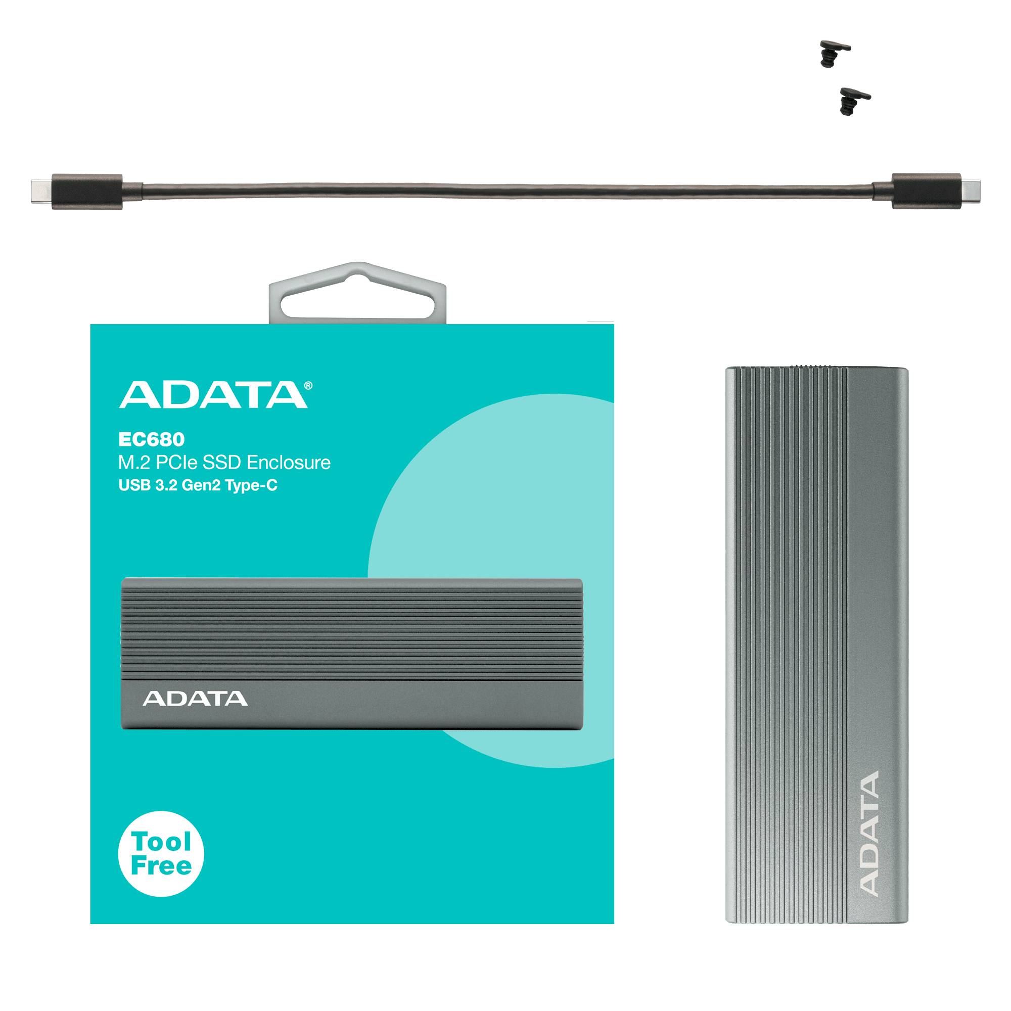 Gabinete externo para SSD ADATA EC680 para SSD M.2 PCIe, USB 3.2 Gen 2 Type-C (USB 10Gbps) . EC680-CCGY