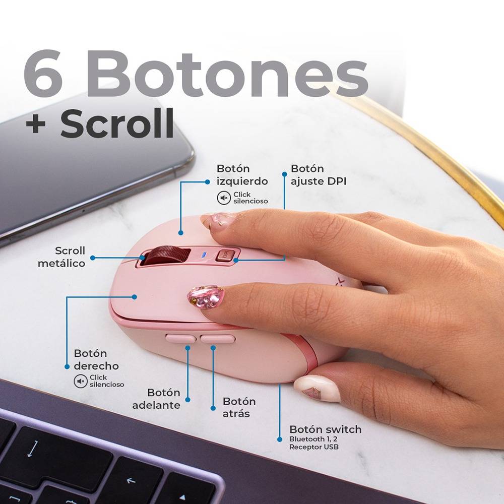 Mouse Inalambrico 2.4hz Optimize Trip Pro MI580 Advanced Series Conexión USB Dongle 2.4ghz, Conexión Bluetooth, 6 Botones + Scroll. Clic Silencioso, DPI:
