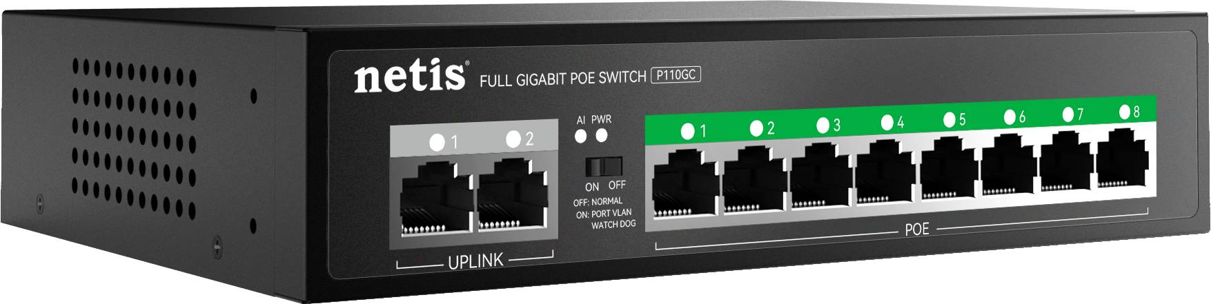 Netis Switch POE P110GC, 8 Puertos POE y 2 Puertos Uplink, 120W, 1000 Mbps, Watch Dog, Plug & Play, 250 Mts de Alcance, No Administrable
