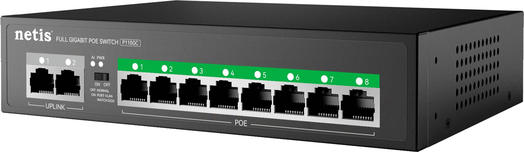 Netis Switch POE P110GC, 8 Puertos POE y 2 Puertos Uplink, 120W, 1000 Mbps, Watch Dog, Plug & Play, 250 Mts de Alcance, No Administrable