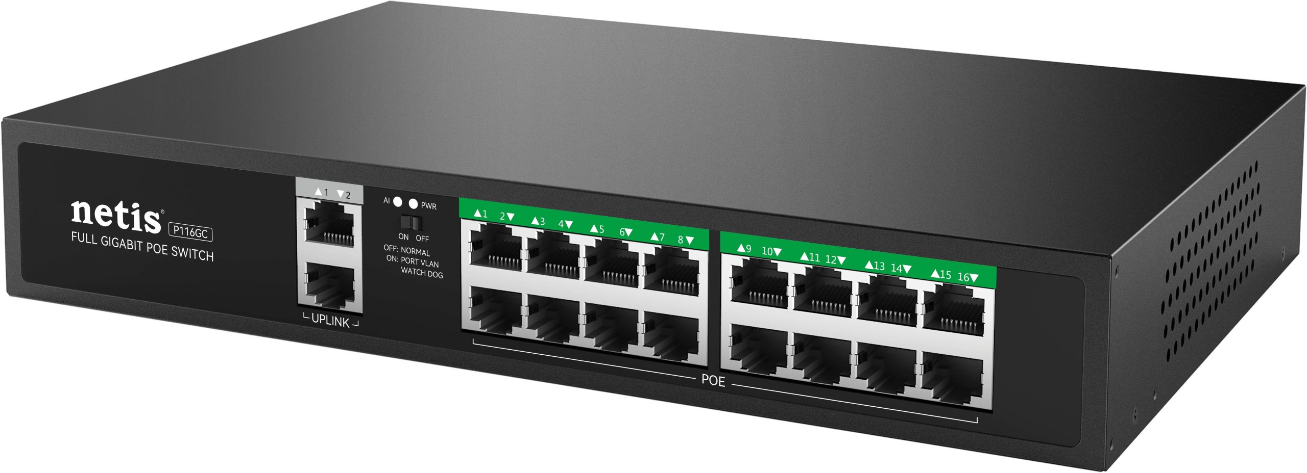 Netis Switch POE P116GC, 16 Puertos POE y 2 Puertos Uplink, 240W, 1000 Mbps, Watch Dog, Plug & Play, 250 Mts de Alcance, No Administrable