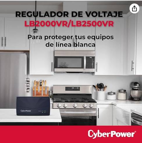 Regulador Cyberpower LB2500VR, Linea Blanca, 2500VA /1500W,Regulacion Automatica, Proteccion contra sobretensiones, AVR, color gris, panel frontal