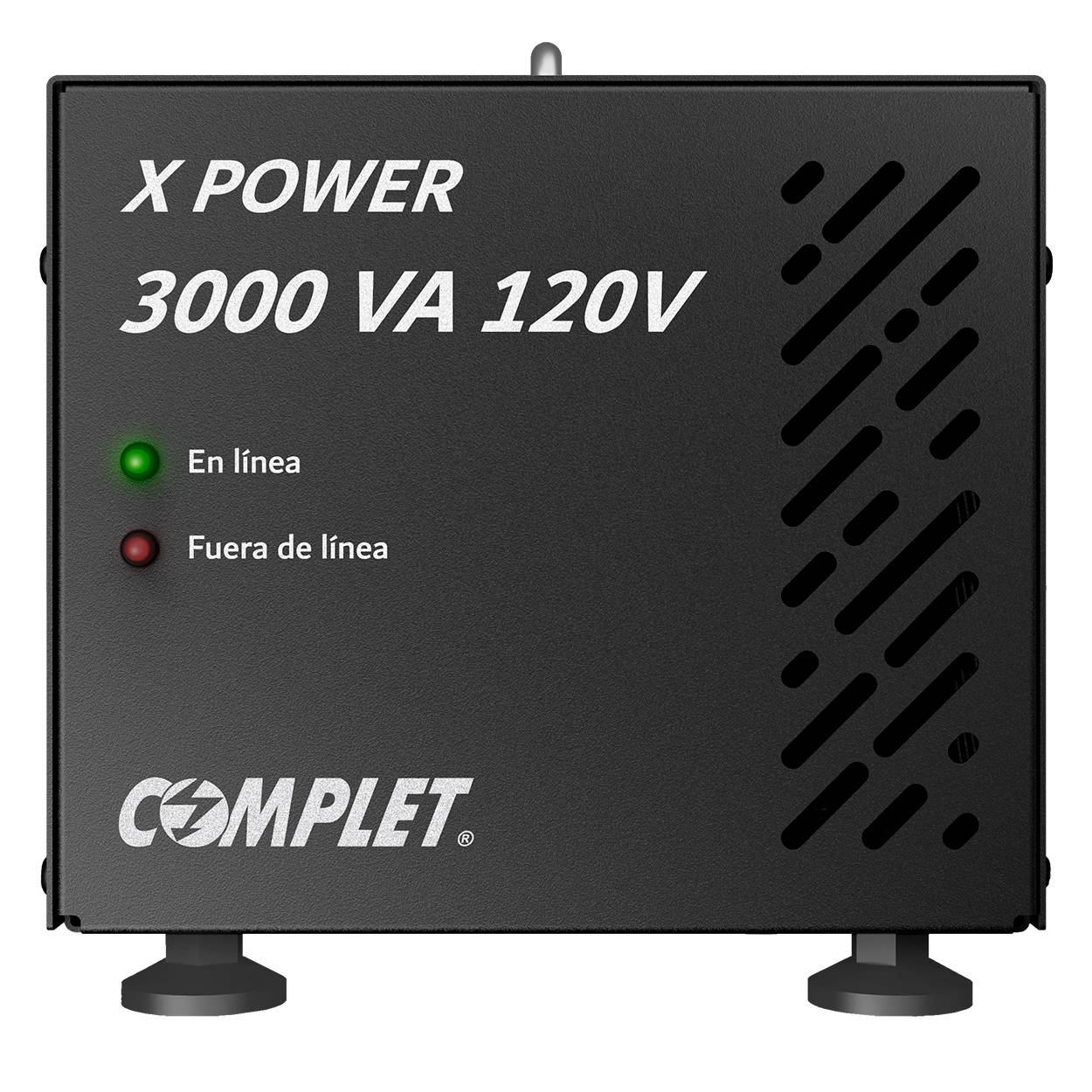 Regulador de Voltaje COMPLET X-POWER 3000 VA/3000 W 120V . Terminales de conexión y 2 contactos NEMA 5-15R, Supresor de picos de voltaje 504 J , P/N ERV-1
