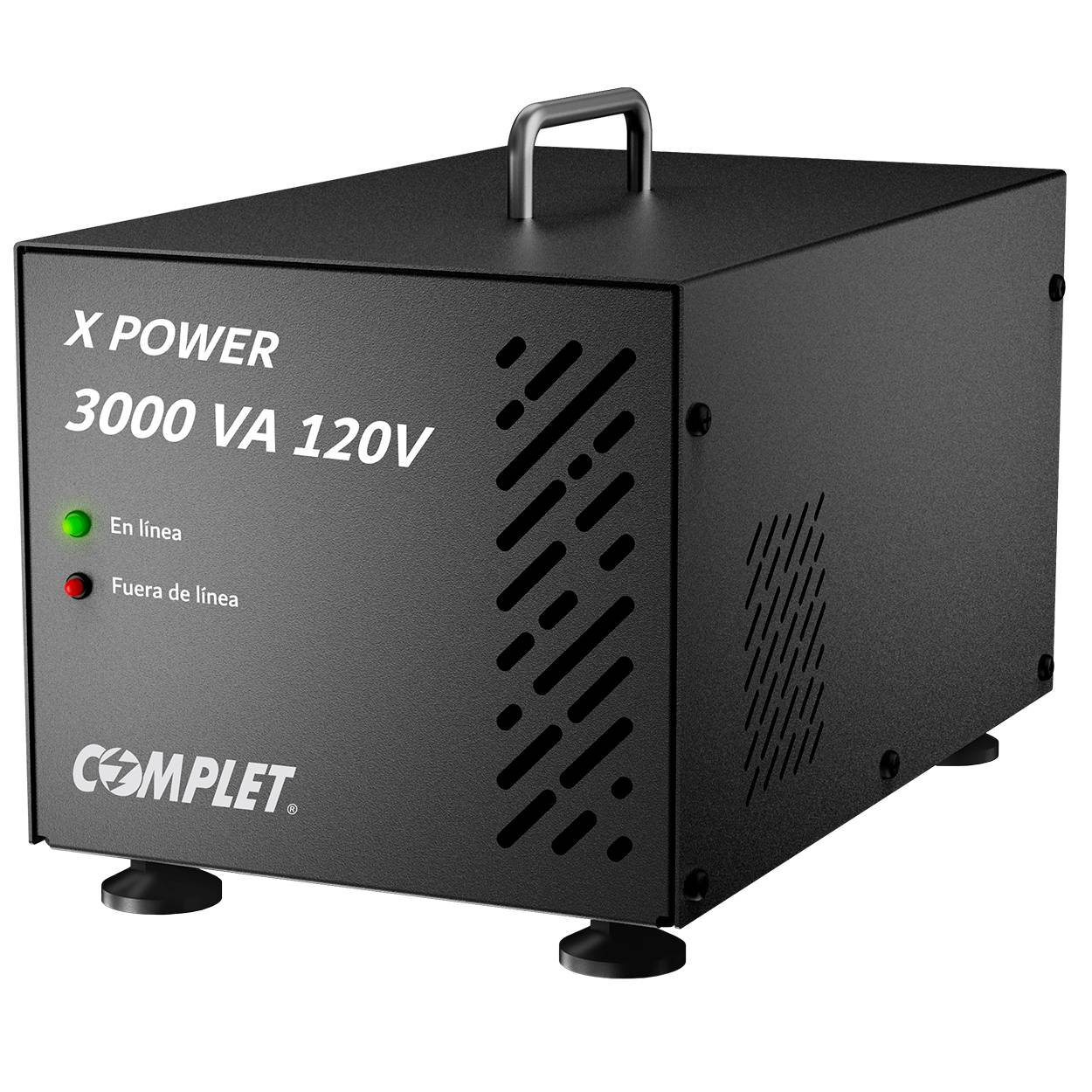 Regulador de Voltaje COMPLET X-POWER 3000 VA/3000 W 120V . Terminales de conexión y 2 contactos NEMA 5-15R, Supresor de picos de voltaje 504 J , P/N ERV-1