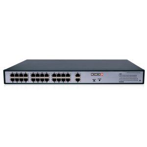 Switch-PoE 24 Puertos, 2 Puertos Uplink Giga-Cobre/Fibra, 300W Total, Hasta 250mts, Fuente Poder Interna.