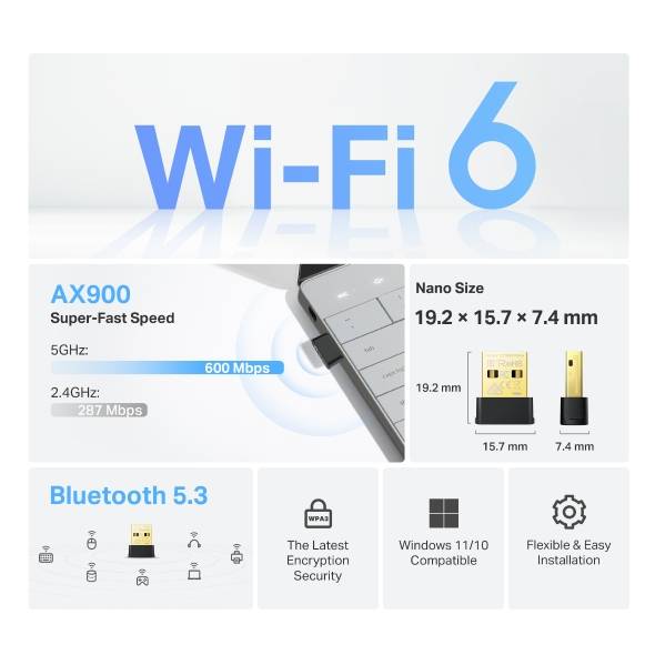 Adaptador USB AX900 Nano Wi-Fi 6 Bluetooth 5.3