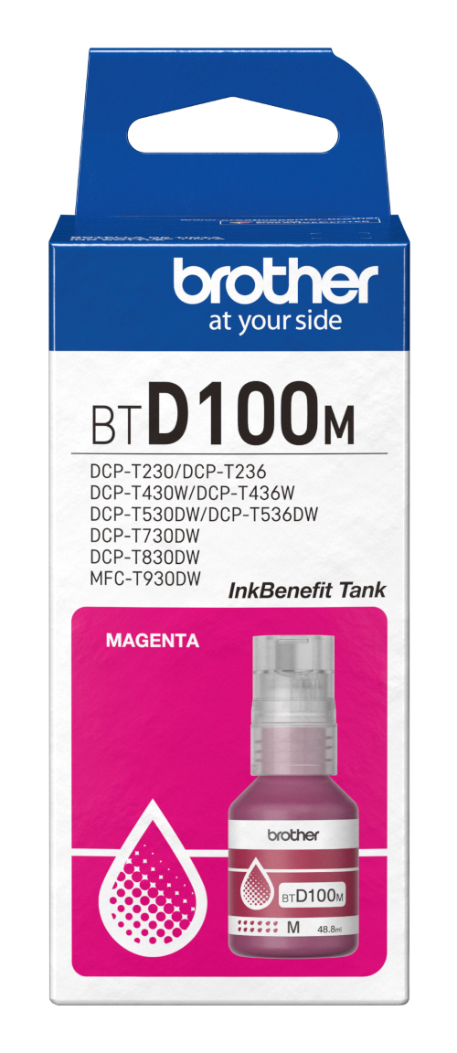 Botella de tinta Brother BTD100M magenta, rendimiento aproximado 5,000 páginas, compatible con DCPT230, DCPT530DW, DCPT730DW, MFCT930DW